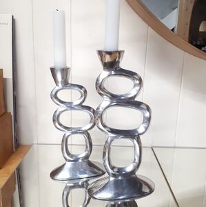 Heavy Abstract MCM Circle Sculpture Candlestick Holders